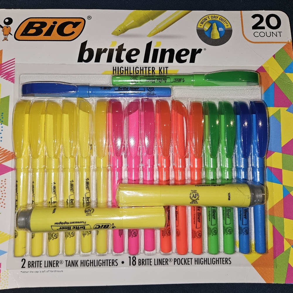 Brite Liner Highlighter Set - Yellow, Pink, Green, Blue, Orange